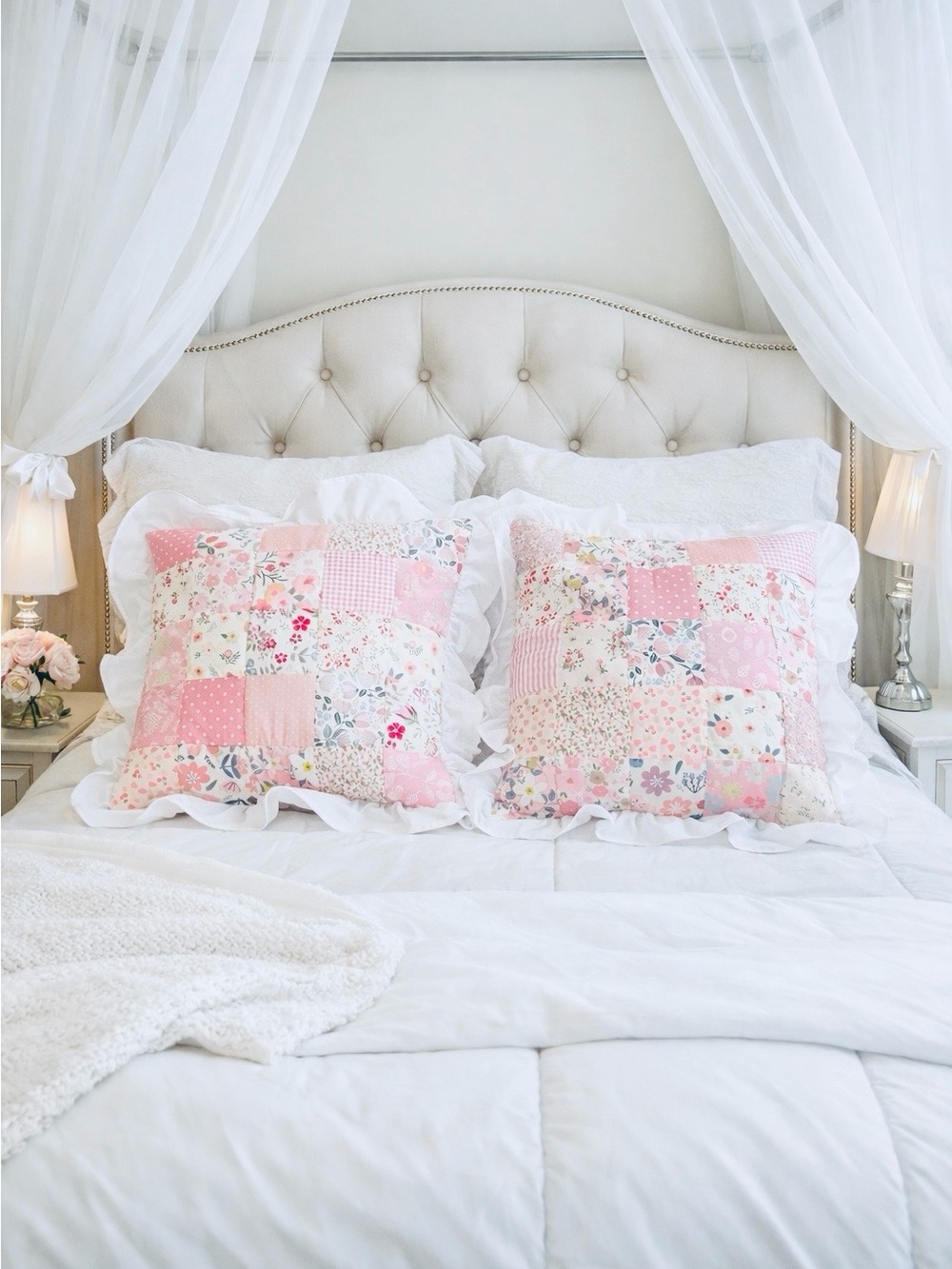 Pastel Pink Floral Patchwork Decorative Throw Pillow Pair